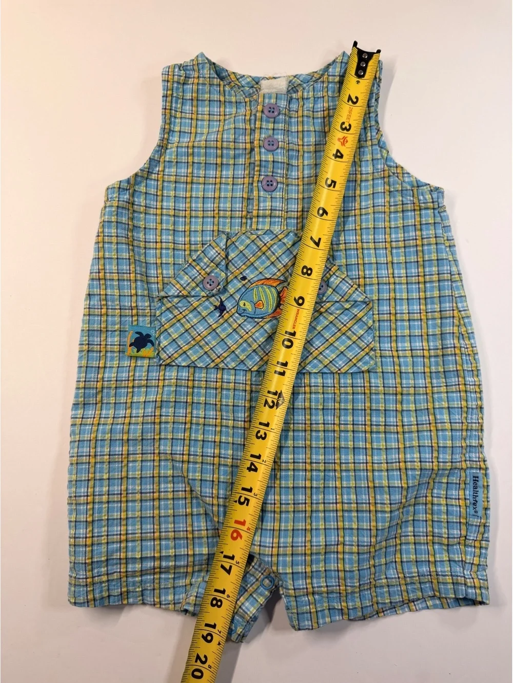 Vintage Healthtex Baby Boys Plaid Fish Romper Shortall Blue Yellow 12-18M